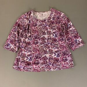 Bobbie Brooks‎ Blouse Top Size 1X Purple Geometric 3/4 Sleeve Cotton Blend
